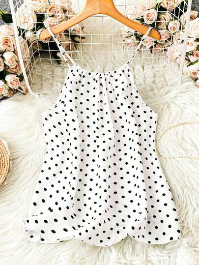 SHEIN LUNE Plus Size Polka Dot Sleeveless Fashion Summer Camisole White Polka Dot Camisole Polkadot Tops Polka Dot Camisole White And Black Camisole White Bubble Camisole Polka Dots Dress Dress Girls Polka Dot Dress Summer Dresses For Girls Polka Dot Top Spaghetti Strap Top Polka Dot Tank Top White Polka Dot Shirt Summer Top