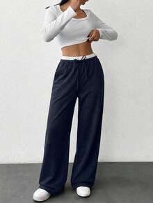 Women's Drawstring Waist Loose Casual Sports Pants - Navy Blue - View 4
