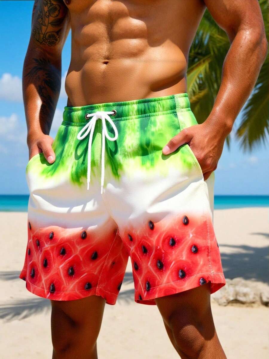 Manfinity Swimmode 男士夏季度假风西瓜印花抽绳腰斜插口袋宽松沙滩短裤 男士西瓜泳裤 男士趣味泳裤 - 彩色 - 查看 1