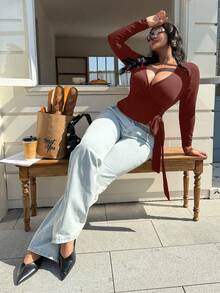 Easura Plus Size Women V-Neck Cotton Casual Criss-Cross Design Long Sleeve Top - Brown - View 6