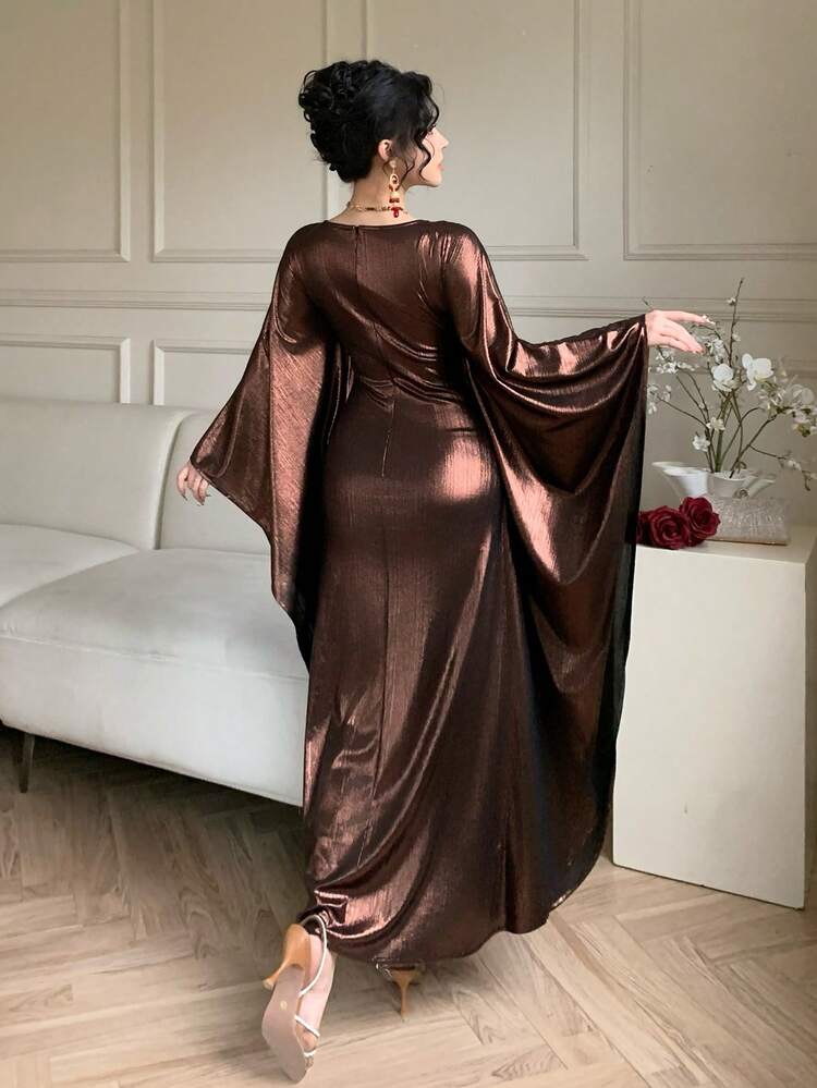 Spring & Summer Shiny Brown Satin Shawl Collar Dress, Elegant For Valentine's Day, Wedding, Party, Formal Occasion, Fashion, Fitted, Flared Sleeves Sundress