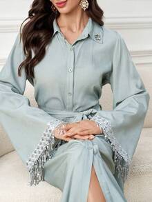 Al Najma 女士前扣优雅水钻流苏阿拉伯风格连衣裙 - 薄荷綠 - 查看 7