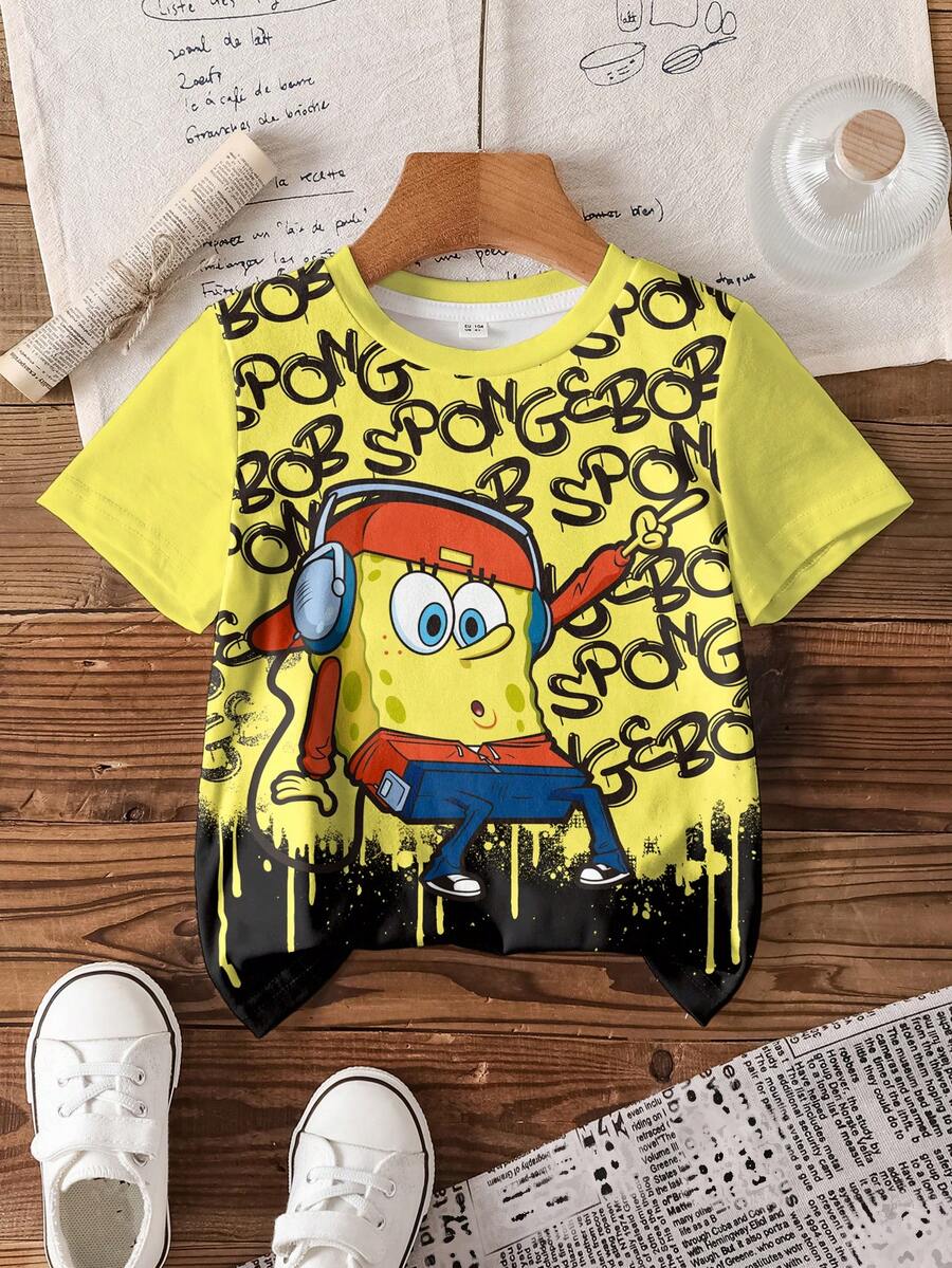 SpongeBob SquarePants | SHEIN Áo thun ngắn tay cổ tròn in họa tiết tối giản dành cho bé trai - trắng - Xem 1