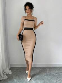 Elenzga Color Block Fitted Square Neck Women's Short Sleeve Dress - Khaki - View 4