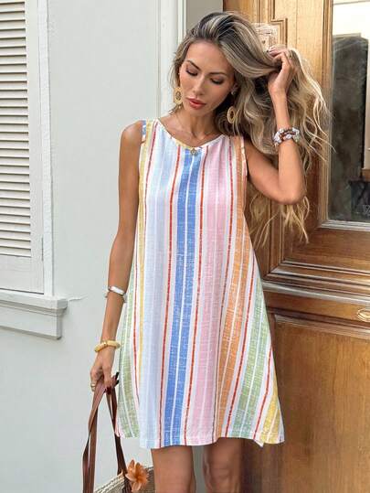 SHEIN LUNE 女士休闲彩虹条纹无袖口袋夏季度假通勤日常基本款时尚迷你连衣裙