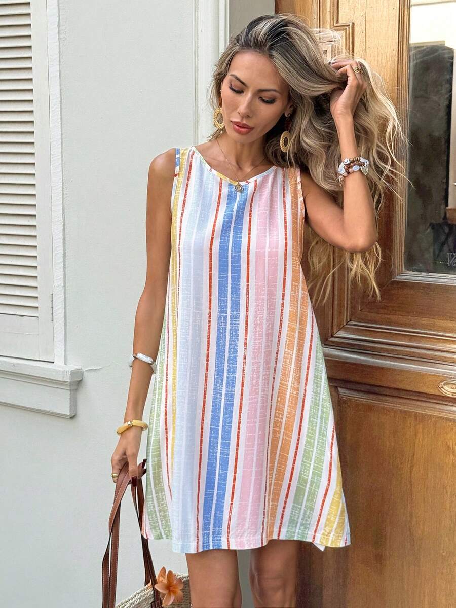 SHEIN LUNE 女士休闲彩虹条纹无袖口袋夏季度假通勤日常基本款时尚迷你连衣裙 - 彩色 - 查看 1