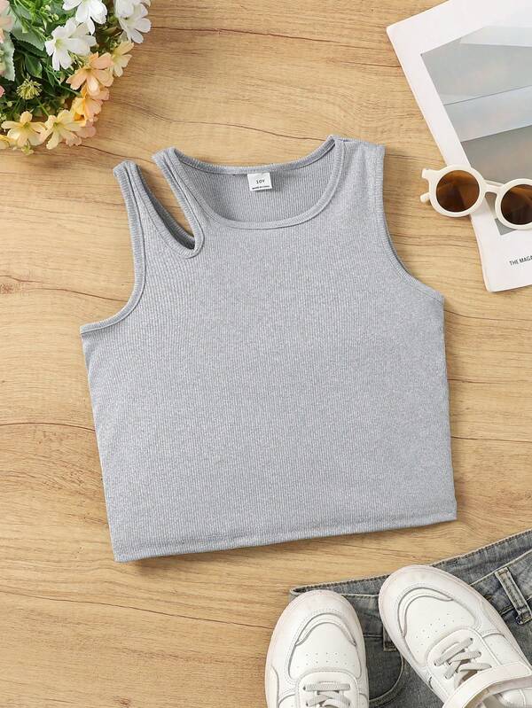 Sparklyn Tween Girls' Casual Everyday Commute Minimalist Solid Color Hollow Shoulder Tank Top, Summer