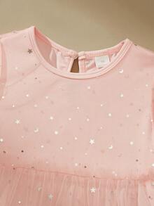 SHEIN Young Girl Gold Foil Contrast Mesh Cake Dress - Pink - View 7