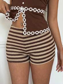 Siren Gaze Celana Pendek Kasual Wanita Motif Patchwork Warna Serbaguna untuk Pemakaian Sehari-hari, Cocok untuk Piala Dunia - Coklat - View 7
