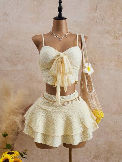 Bellisia Women's Bow-Tie Front Asymmetrical Hem Textured Fabric Bikini Set, Sweet Swimsuit For Beach Party And Vacation Summer Beach Vacation Outfits For Women