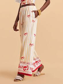 Travachic 女士条纹螃蟹印花休闲百搭阔腿裤，适合日常穿着 - 紅白色 - 查看 6