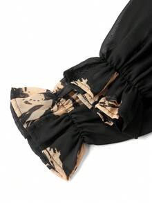 Ellevyn Women's Casual Floral Print Front Tie Knot Round Neck Long Sleeve Dress - Black - View 4