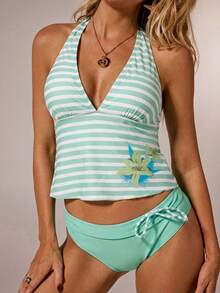 SHEIN Forever 21 女士沙滩度假套装 两件式泳衣 女士度假服装 两件式绿色条纹撞色泳衣套装 - 薄荷綠 - 查看 4