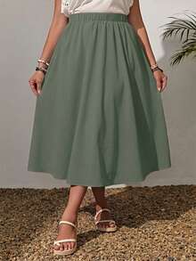 EMERY ROSE Plus Size Solid Color Casual A-Line Skirt, Suitable For Spring And Summer - Green - View 4