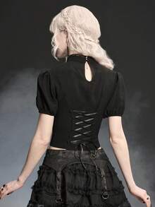 ROMWE Gothic Style Spider Web Lace Puff Sleeve Fitted Blouse - Black - View 3