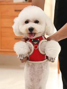Cute Cartoon Bear Pattern Reflective Stripe Pet Chest And Back Harness Leash Set, Made Of Soft Nylon Material, Adjustable Vest Design With Metal Buckles. Suitable For Small And Medium-Sized Dogs And Cats For Outdoor Walks. - Red - View 3