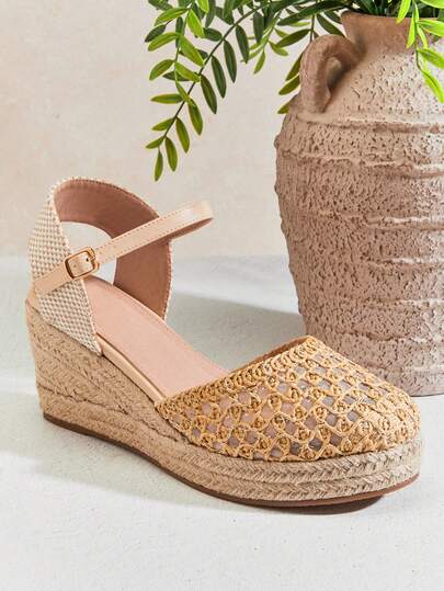 SHUZIA Women Minimalist Breathable Mesh Ankle Strap Woven Wedges With Thick Sole & High Heel