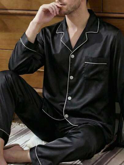 Set 2 piezas Conjunto de pijama de hombre para otoño/invierno, top de manga larga y pantalones, traje de ropa de dormir de satén y seda