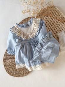 SHEIN Baby Girls' Plaid Patchwork Solid Color Layered Ruffle Hem Long Sleeve Princess Dress, Autumn/Winter - Baby Blue - View 4