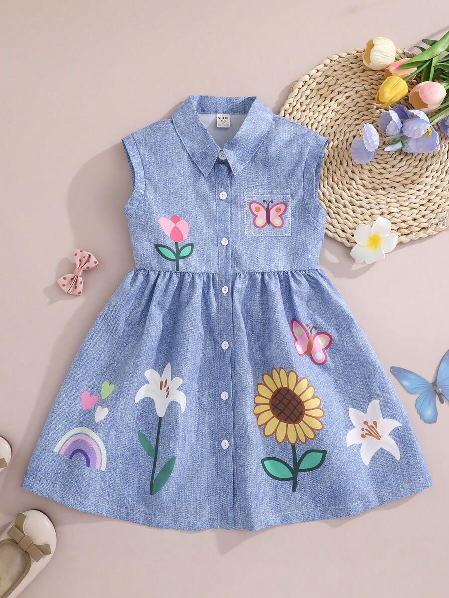 SHEIN 女童可爱蝴蝶花朵印花无袖衬衫领连衣裙，适合春夏外出或日常穿着 - 霧霾藍 - 查看 1