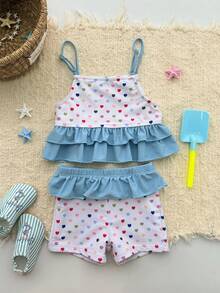 Dazy Kids Bộ đồ bơi 2 mảnh in hình trái tim, viền bèo nhún dành cho bé gái - Màu xanh lam - Xem 4