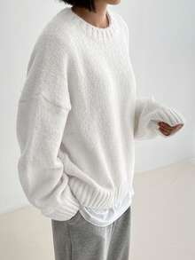 DAZY Áo len nữ cổ tròn tay dài màu trơn đơn giản và ngọt ngào mềm mại, áo dài tay, quần áo mùa thu - trắng - Xem 4