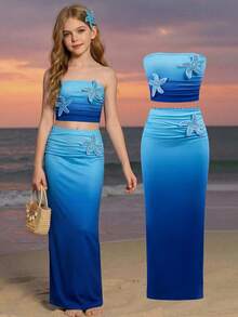 SHEIN Tween Girl Light Blue Mermaid Tie Dye Gradient Starfish Deco Tank Top And Mid Skirt 2pcs Set,Summer Holiday Vacation Outfit For Beach Music Festival - Blue - View 11