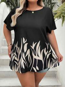 SHEIN CURVE+ Plus Size Women's Vintage Country Leaf Pattern Placement Print Loose Fit Round Neck Raglan Sleeve Blouse, Ladies Summer Clothing - Black - View 5