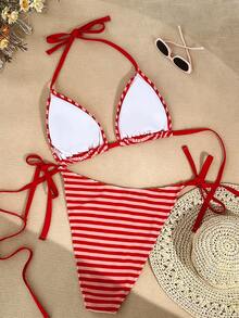 Swim Vcay 2026夏季新款加大码女式沙滩条纹吊带系带性感比基尼泳装套装 - 紅色 - 查看 2