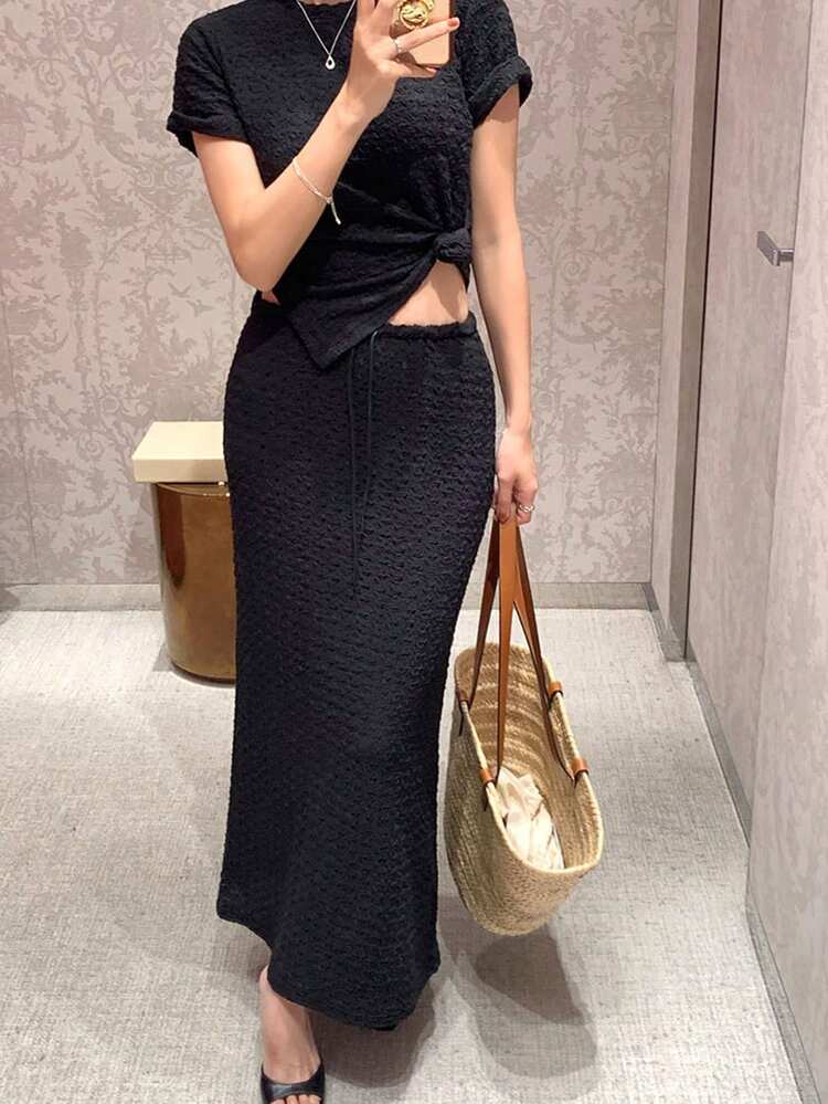 2pcs/Set Women's Asymmetric Design Round Neck T-Shirt + Skirt Set