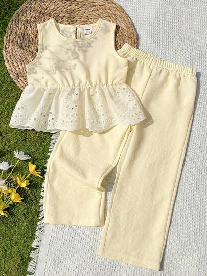 Vintaside Kids Vintage Embroidered Hollow Out Round Neck Camisole Top And Long Pants Set For Young Girls, Suitable For Daily Wear, Outings And Vacations, Spring/Summer Little Girl Co Ord Set Little Girl Two Piece Set Summer Two Piece Set For Girls