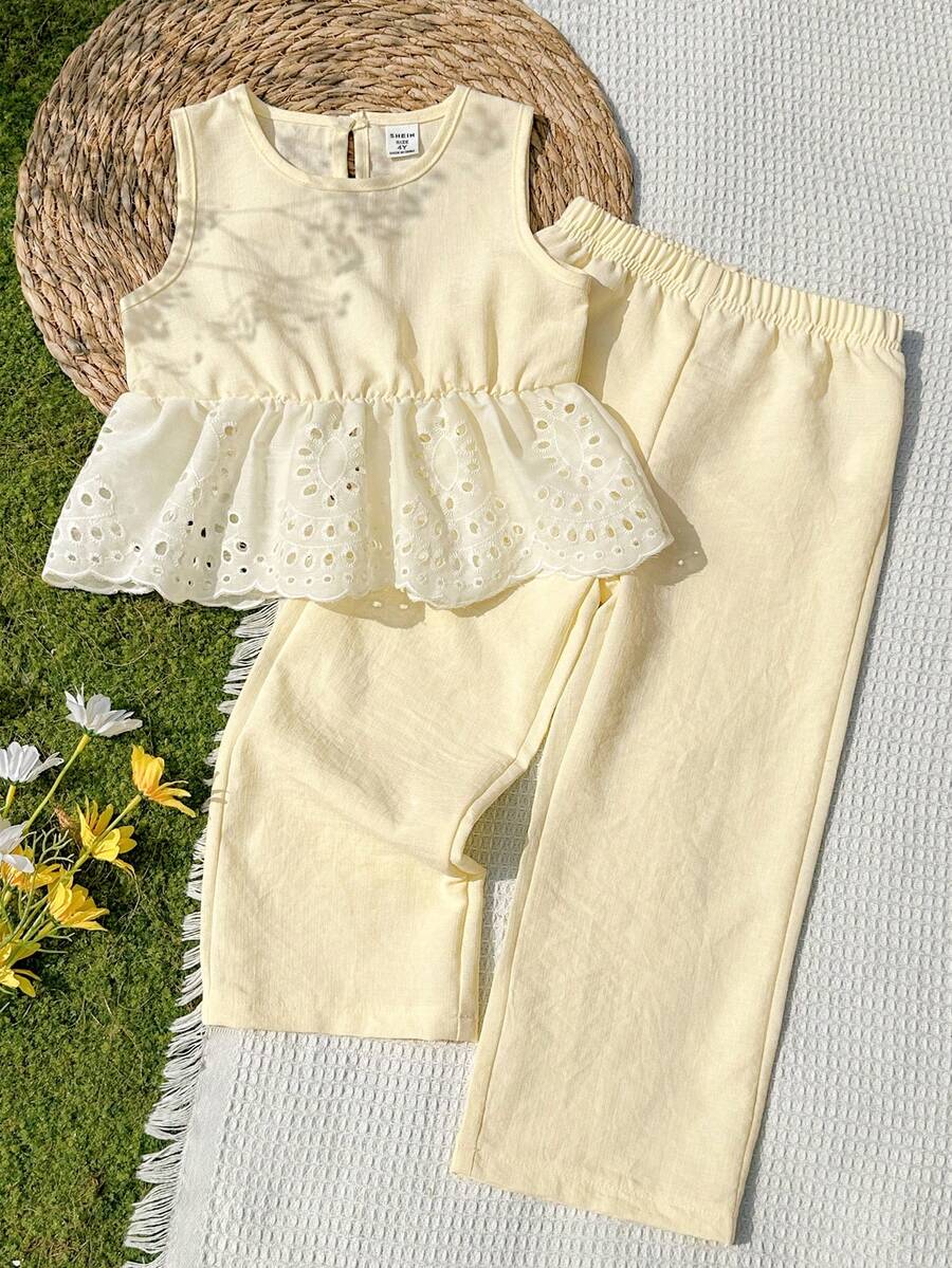 Vintaside Kids 小女孩復古刺繡鏤空圓領背心上衣與長褲夏季套裝，家庭度假小女孩兩件套奶油色穿搭 4-5Y