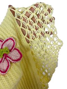 Aloruh 女士新款黄色针织抹胸上衣、钩针兰花网眼露脐上衣和超低腰棕色撞色针织蝴蝶兰花短裤，两件套针织套装，适合度假和海滩穿着。 - 黃色 - 查看 10