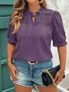 Reflora Plus Size Women Summer Lace Patchwork Loose Short Sleeve Blouse - Dusty Purple - View 5