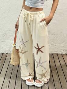 SHEIN EZwear Summer Women's Drawstring Waist Pocket Starfish Print Loose Wide Leg Sweatpants,  Beach Pants For Women Vacation Pants - Multicolor - View 1