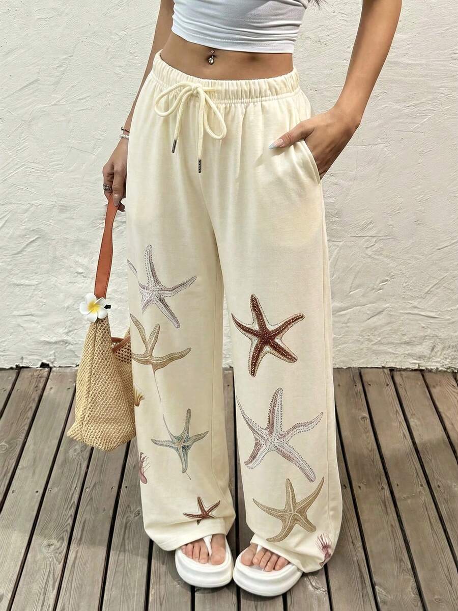 SHEIN EZwear Summer Women's Drawstring Waist Pocket Starfish Print Loose Wide Leg Sweatpants,  Beach Pants For Women Vacation Pants - Multicolor - View 1