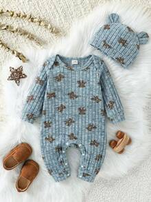 SHEIN 2pcs Baby Boy Set: Ribbed Fabric Bear Print Long Sleeve Romper & 3D Bear Ear Hat, Suitable For Home, Outing, Vacation And Other Occasions - Blue - View 1