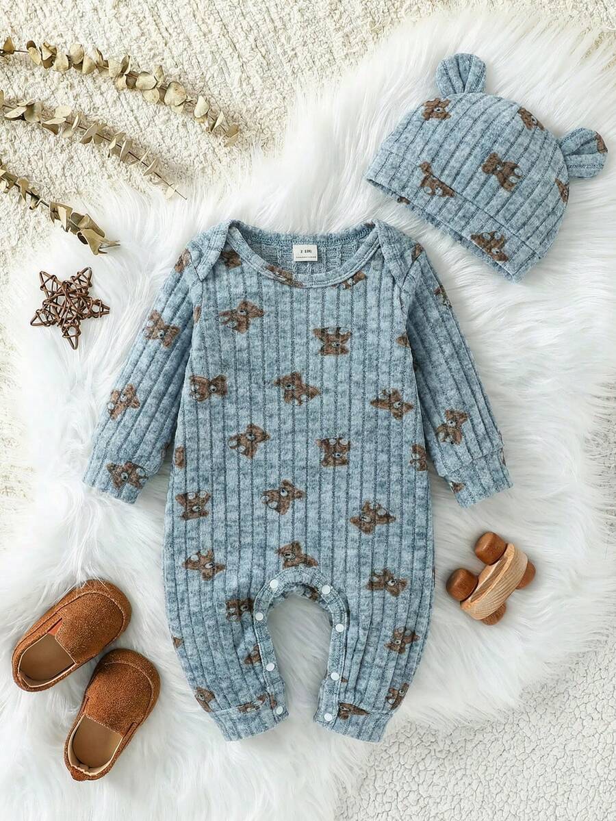 SHEIN 2pcs Baby Boy Set: Ribbed Fabric Bear Print Long Sleeve Romper & 3D Bear Ear Hat, Suitable For Home, Outing, Vacation And Other Occasions - Blue - View 1