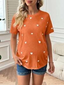 SHEIN Maternity Round Neck Short Sleeve Casual Loose Heart Graphic T-Shirt, Summer - Orange - View 5