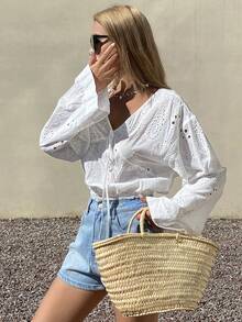 DAZY Women's Loose V-Neck Long Sleeve Textured Jacquard Fabric Cropped Casual Vacation Blouse, Spring/Summer - White - View 4