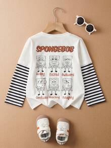 SpongeBob SquarePants | SHEIN 男童休闲拼接条纹卡通图案长袖T恤，秋季款 - 白色 - 查看 1