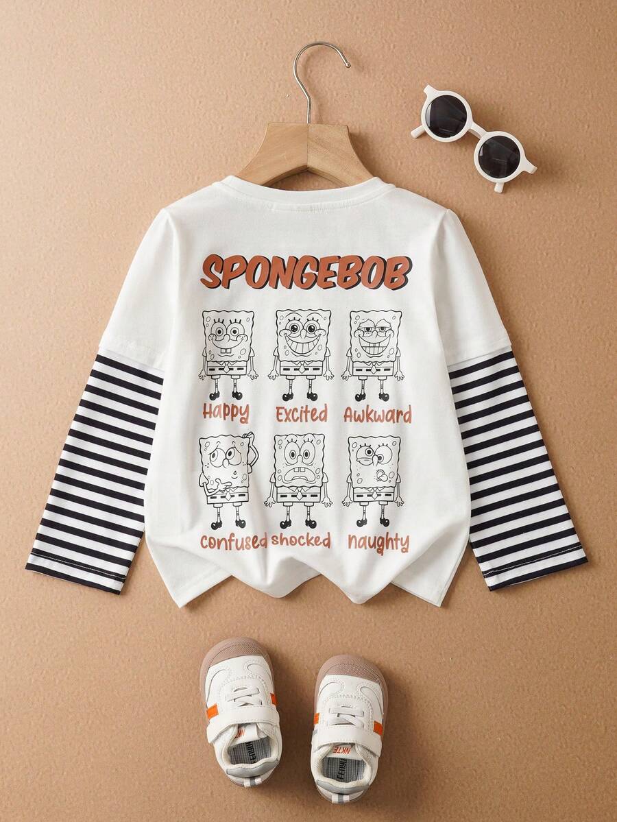 SpongeBob SquarePants | SHEIN 男童休闲拼接条纹卡通图案长袖T恤,秋季款 - 白色 - 查看 1
