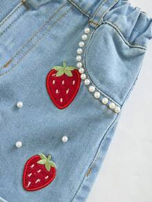 Young Girls Denim Blue Summer Jeans Shorts With Strawberry Embroidery, Rolled Hem Wide Leg, Fashion Studded Decoration - Blue - View 5