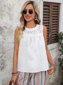 EMERY ROSE 女士圆领镂空褶皱时尚百搭休闲衬衫 - 白色 - 查看 4