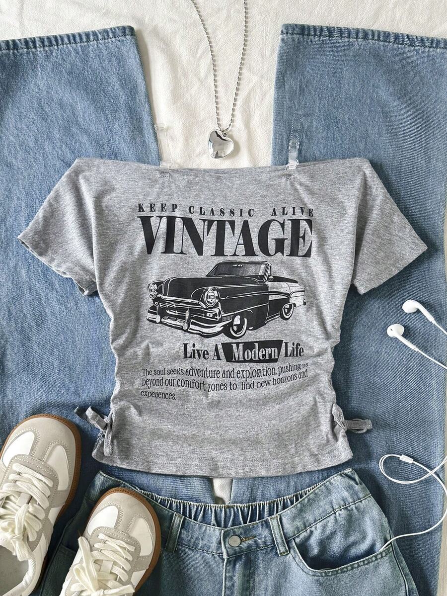 SHEIN 少女休闲简约复古灰色英文字母和汽车印花露肩褶皱T恤 - 淺灰色 - 查看 1