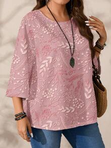 EMERY ROSE Plus Size Women Floral Print Loose Fit Casual Vacation Shirt, Full-Width Print Round Neck 3/4 Sleeve - Multicolor - View 6