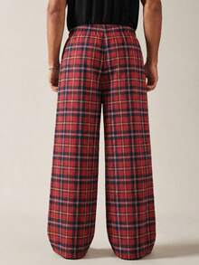 SWAVVY 男士休闲抽绳腰宽松格子裤 - 紅色 - 查看 3