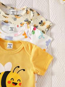 SHEIN Bộ áo liền quần tay ngắn in hình hoạt hình chữ cái cho bé gái sơ sinh mùa hè, màu trắng mơ và nâu, bộ ba món quà tặng đơn giản cho gia đình. - Màu vàng - Xem 5