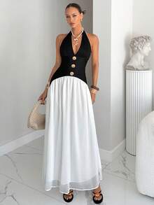 Siren Gaze 新款春夏黑白撞色露背优雅连衣裙，女士款 - 黑與白 - 查看 4