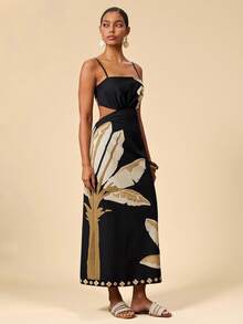 Travachic Elegant Floral Print Hollow Out Casual Vacation Slip Dress - Black - View 6